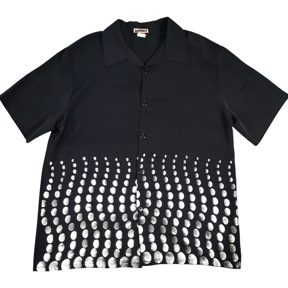 YMLA Camp Shirt Men Large Black Button Up Short Sleeve Y2K Vintage Silver Dots